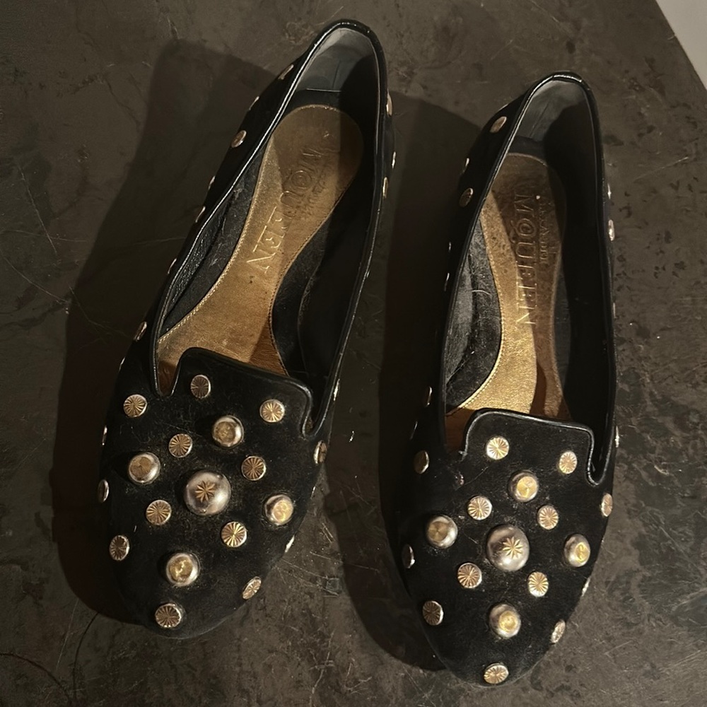 Black suede gold studded studs covered Alexander McQueen flats